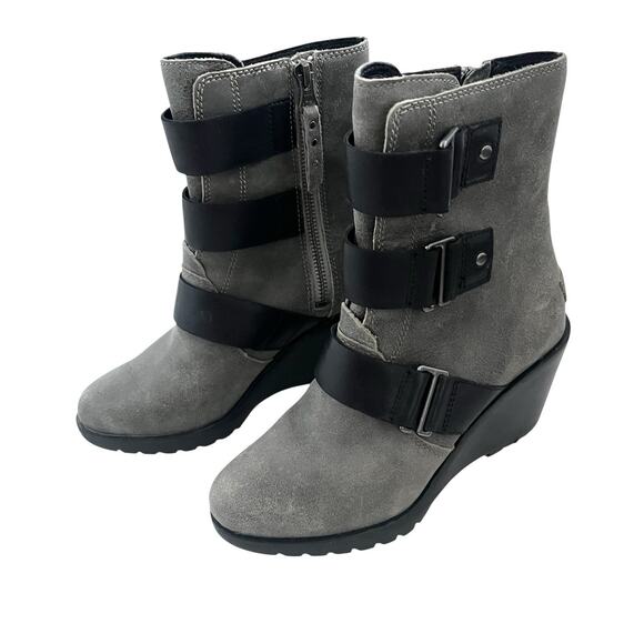 Sorel After Hours Wedge Moto Bootie Gray Suede Black Straps Sz 6 Gorpcore Chic - Picture 2 of 10